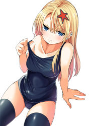 Rule 34 | 1girl, annoyed, attsun (atsushi jb), bare shoulders, black thighhighs, blonde hair, blue eyes, blue one-piece swimsuit, covered navel, earrings, highres, jewelry, long hair, official art, one-piece swimsuit, school swimsuit, seifuku!, solo, swimsuit, thighhighs
