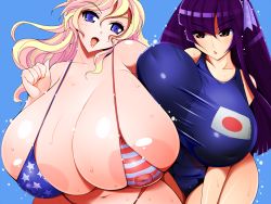 Rule 34 | 2girls, amano taiki, american flag, american flag bikini, bare shoulders, bikini, blonde hair, blue eyes, blush, breast press, breasts, brown eyes, cleavage, flag print, gigantic breasts, huge areolae, japanese flag, long hair, midriff, multiple girls, navel, nipples, one-piece swimsuit, open mouth, purple hair, red eyes, see-through, swimsuit, thick thighs, thighs, wet, wide hips