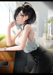 Rule 34 | 1girl, absurdres, ahoge, bare arms, black hair, black skirt, blurry, blurry background, breasts, cellphone, collared shirt, ear piercing, from side, glasses, hair ornament, hairclip, highres, indoors, leaning forward, looking at viewer, medium breasts, medium hair, original, parted lips, phone, piercing, plant, potted plant, red eyes, round eyewear, shirt, sideways glance, skirt, sleeveless, sleeveless shirt, smartphone, smile, solo, watch, white shirt, wristwatch, yufou