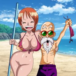 Rule 34 | 1boy, 1girl, absurdres, age difference, beach, bikini, bikini bottom only, bikini top only, bottomless, grabbing another&#039;s breast, breasts, cleavage, dragon ball, grabbing, highres, holding, holding bikini bottom, large breasts, muten roushi, nami (one piece), old, old man, one piece, orange hair, short hair, smile, swimsuit, tattoo