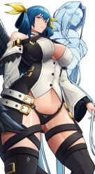 Rule 34 | 2girls, absurdres, angel wings, arc system works, asymmetrical wings, bare shoulders, belt, blue hair, breasts, center opening, choker, cleft of venus, closed mouth, detached sleeves, dizzy (guilty gear), female focus, frown, guilty gear, hair ribbon, hair rings, highres, large breasts, lips, long hair, long sleeves, looking at viewer, mature female, midriff, monster girl, multiple girls, navel, panties, parted lips, puffy long sleeves, puffy sleeves, red eyes, ribbon, sideboob, simple background, souma (so u maaaaa), tail, thigh strap, thighs, twintails, underwear, undine (guilty gear), white background, wide sleeves, wings, yellow ribbon