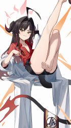 Rule 34 | absurdres, ahoge, armband, barefoot, black hair, black shorts, blue archive, coat, controller, feet, hair intakes, halo, highres, horns, kasumi (blue archive), legs up, lying, on back, oversized clothes, red shirt, sandals, shirt, short shorts, shorts, sleeves past fingers, sleeves past wrists, slippers, smug, tail, white coat, xiu kukkii, yellow eyes