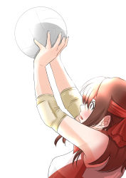 Rule 34 | 1girl, absurdres, arms up, ball, brown eyes, brown hair, commentary, elbow pads, from side, frown, girls und panzer, headband, highres, holding, holding ball, kondou taeko, medium hair, one-hour drawing challenge, open mouth, oze (xyz go go11), red headband, red shirt, shirt, simple background, sleeveless, sleeveless shirt, solo, sportswear, standing, sweat, volleyball, volleyball (object), volleyball uniform, white background