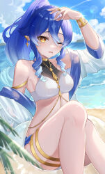 Rule 34 | 1girl, absurdres, bare shoulders, beach, bikini, blue hair, blue jacket, blue sky, bracelet, cloud, commentary request, day, earrings, feet out of frame, genshin impact, highres, jacket, jewelry, layla (genshin impact), looking at viewer, mugita (mokankan), ocean, off shoulder, one eye closed, outdoors, parted lips, partial commentary, pointy ears, ponytail, sitting, sky, solo, stomach, swimsuit, thighlet, thighs, water, white bikini, yellow eyes