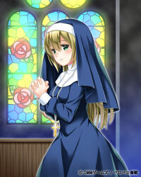 Rule 34 | 1girl, blonde hair, blush, company name, cross, cross necklace, green eyes, habit, indoors, interlocked fingers, jewelry, long sleeves, looking at viewer, necklace, nun, official art, own hands together, parted lips, peropero saimin, solo, stained glass, standing, traditional nun, watermark, window, yajou hirarin