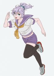 Rule 34 | 1girl, aoba (kancolle), black thighhighs, blouse, blue eyes, blue scrunchie, bright pupils, commentary request, film grain, full body, grey background, high-waist shorts, kantai collection, looking at viewer, messy hair, neckerchief, ojipon, ponytail, purple hair, purple sailor collar, purple shorts, running, sailor collar, school uniform, scrunchie, serafuku, shirt, short shorts, shorts, simple background, solo, stomach, thighhighs, v-shaped eyebrows, white shirt, yellow neckerchief