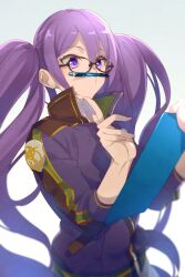 Rule 34 | 1girl, breasts, clipboard, echo (circa), fate/grand order, fate (series), glasses, jacket, long hair, long sleeves, medium breasts, pen, puckered lips, purple eyes, purple hair, purple jacket, sion eltnam sokaris, solo, twintails