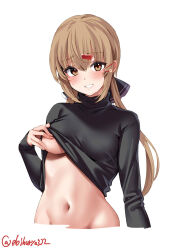 Rule 34 | 1girl, black sweater, blush, bottomless, breasts, brown eyes, brown hair, clothes lift, cowboy shot, ebifurya, hair between eyes, hair ornament, hairclip, highres, kantai collection, large breasts, lifting own clothes, long hair, long sleeves, looking at viewer, low twintails, navel, no bra, one-hour drawing challenge, out-of-frame censoring, simple background, smile, solo, stomach, sweater, sweater lift, tashkent (kancolle), turtleneck, turtleneck sweater, twintails, twitter username, underboob, upper body, white background