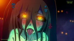 Rule 34 | absurdres, ahegao, artist name, black hair, blush, collarbone, colored skin, dated, english text, erkerut, eyelashes, ghost, glowing, glowing eyes, green skin, hair between eyes, hair over eyes, half-closed eyes, highres, huge filesize, long hair, looking at viewer, naughty face, nude, open mouth, patreon username, portrait, shiny skin, solo focus, teeth, the ring, tongue, tongue out, twitter username, upper teeth only, yellow eyes