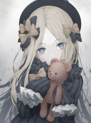 Rule 34 | 1girl, abigail williams (fate), bao lan, black bow, black dress, black hat, blonde hair, blue eyes, bow, breasts, dress, fate/grand order, fate (series), forehead, hair bow, hat, long hair, long sleeves, looking at viewer, multiple hair bows, orange bow, parted bangs, polka dot, polka dot bow, ribbed dress, sleeves past fingers, sleeves past wrists, small breasts, solo, stuffed animal, stuffed toy, teddy bear