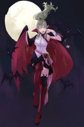 Rule 34 | 1girl, armpits, arms up, bat (animal), bat wings, black skirt, black thighhighs, blouse, boots, bow, breasts, cape, cleavage, cosplay, costume switch, eyelashes, fang, fangs, female focus, fingernails, fire emblem, fire emblem awakening, flower, full body, full moon, gem, green eyes, green hair, hair ornament, hair ribbon, halloween, halloween costume, high heel boots, high heels, highres, jewelry, large breasts, lips, long hair, looking at viewer, moon, nail polish, nintendo, open mouth, outdoors, pink bow, pleated skirt, pointy ears, ponytail, red nails, red ribbon, red thighhighs, ribbon, rose, sakuremi, sash, sharp teeth, shirt, skirt, smile, solo, swept bangs, teeth, thigh boots, thigh gap, thighhighs, thighhighs under boots, thighs, tiki (fire emblem), tongue, unbuttoned, unbuttoned shirt, vampire, white shirt, wings, wrist cuffs