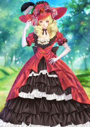 Rule 34 | 1girl, blonde hair, breasts, cleavage, dress, drill hair, elbow gloves, frilled dress, frills, gloves, hat, highres, large breasts, looking at viewer, mito amatsu, red eyes, rose bernstein, smile, snk, the king of fighters