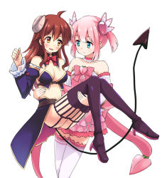 Rule 34 | 2girls, ahoge, ass, black legwear, blue eyes, blush, breasts, brown eyes, brown hair, carrying, chiyoda momo, cleavage, closed mouth, demon girl, demon horns, demon tail, garter straps, horns, large breasts, long hair, looking at another, ma tsukasa, machikado mazoku, magical girl, midriff, multiple girls, navel, open mouth, pink hair, princess carry, short hair, simple background, small breasts, tail, thighhighs, white background, yoshida yuuko (machikado mazoku), yuri