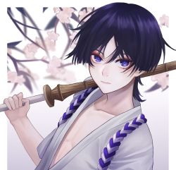 Rule 34 | 1boy, bad id, bad twitter id, blunt ends, blurry, blurry background, border, branch, cherry blossoms, closed mouth, collarbone, commentary request, eyeshadow, flower, genshin impact, gradient background, grey background, grey shirt, hair between eyes, hand up, highres, holding, looking at viewer, makeup, male focus, no headwear, official alternate costume, oomisou, open clothes, open shirt, outside border, pink flower, purple eyes, purple hair, red eyeshadow, scaramouche (genshin impact), scaramouche (kabukimono) (genshin impact), shirt, short hair, short sleeves, solo, tree, upper body, v-shaped eyebrows, white background, white border