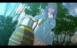 Rule 34 | 1girl, backpack, bad id, bad pixiv id, bag, blue dress, blue eyes, blue hair, dress, explosive, female focus, grenade, hair bobbles, hair ornament, hat, highres, huge weapon, kawashiro nitori, key, letterboxed, matching hair/eyes, oversized object, smirk, solo, tomon (slash0410), touhou, twintails, two side up, weapon