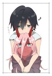Rule 34 | 10s, 1boy, 1girl, black cloak, black hair, blue eyes, blue shirt, blush, cloak, colored skin, couple, darling in the franxx, green eyes, highres, hiro (darling in the franxx), hood, hooded cloak, horns, hug, hug from behind, long hair, musical note, nakoya (nane cat), oni horns, parka, pink hair, red horns, red skin, shirt, short hair, translation request, aged down, zero two (darling in the franxx)