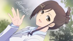 Rule 34 | 1girl, :d, asymmetrical hair, brown eyes, brown hair, candy boy, dated, dutch angle, ear piercing, folded ponytail, from side, hair ornament, highres, looking at viewer, open mouth, piercing, sakurai kanade, shinmai (kyata), smile, solo, twitter username, upper body, x hair ornament