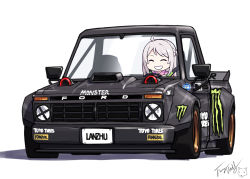 Rule 34 | 1girl, ^ ^, ahoge, blush, braid, car, character name, closed eyes, commentary request, driving, facing viewer, ford, ford f-150, grey hair, grin, langbazi, license plate, long hair, love live!, love live! nijigasaki high school idol club, mole, mole under eye, monster energy, motor vehicle, shadow, signature, smile, solo, v-shaped eyebrows, vehicle focus, white background, zhong lanzhu