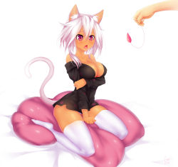 Rule 34 | 1girl, absurdres, animal ears, arantheus, bare shoulders, blush, breast hold, breasts, cat ears, cat tail, cat teaser, cleavage, dark-skinned female, dark skin, highres, large breasts, off shoulder, open mouth, original, panties, pantyshot, pillow, pink eyes, pink hair, shirt, sitting, solo focus, sparkle, tail, thighhighs, tongue, underwear, white thighhighs, zettai ryouiki