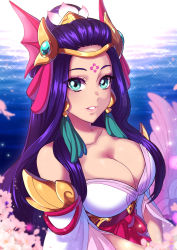 Rule 34 | 1girl, absurdres, bare shoulders, blue eyes, blue hair, breasts, cherry blossoms, cleavage, collarbone, eyes visible through hair, feather hair, hair ornament, hands together, highres, huge filesize, large breasts, league of legends, long hair, looking at viewer, maiulive, mermaid, monster girl, nami (league of legends), sparkle, splendid staff nami, tagme, underbust, upper body, very long hair