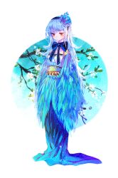 Rule 34 | 1girl, blue dress, blue flower, blue hair, bow, branch, closed mouth, dress, earrings, feathered wings, feathers, flower, full body, hair flower, hair ornament, hairband, jewelry, long hair, looking at viewer, mint5464, original, red eyes, sash, solo, standing, white background, winged arms, wings