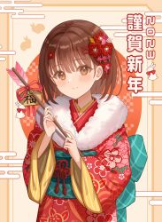 Rule 34 | 1girl, absurdres, arrow (projectile), blush, brown eyes, brown hair, chinese zodiac, closed mouth, egasumi, ema, flower, flower knot, fur trim, hair flower, hair ornament, hairclip, hamaya, highres, holding, holding arrow, japanese clothes, kimono, long sleeves, looking at viewer, obi, original, rabbit, red kimono, red ribbon, ribbon, sash, short hair, smile, solo, sun, translation request, upper body, where (whereverer), wide sleeves, year of the rabbit