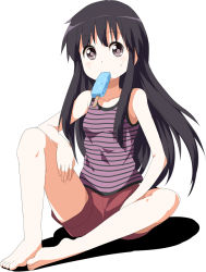 Rule 34 | 1girl, barefoot, black eyes, black hair, casual, feet, food, food in mouth, full body, hot, houraisan kaguya, long hair, mouth hold, popsicle, ruu (tksymkw), shadow, shorts, simple background, sitting, solo, sweat, tank top, touhou, white background