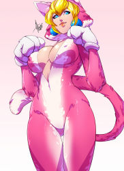 Rule 34 | 1girl, absurdres, animal costume, animal ears, animal hands, blonde hair, blue eyes, breasts, cat costume, cat ears, cat girl, cat peach, cat tail, cleavage, covered erect nipples, earrings, female focus, gloves, gradient background, highres, jewelry, large breasts, lips, mario (series), nintendo, paw gloves, princess peach, solo, super mario 3d world, super mario bros. 1, tail, topsu, unzipped, white gloves