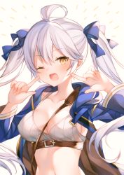 Rule 34 | 1girl, ahoge, arms up, between breasts, bikini, bikini top only, blue bow, blue coat, bow, breasts, brown eyes, buckle, cleavage, coat, collarbone, commentary request, fingernails, granblue fantasy, hair bow, hood, hood down, hooded coat, long hair, long sleeves, looking at viewer, medium breasts, narusegawa riko, open clothes, open coat, pointing, pointing at self, silva (granblue fantasy), simple background, solo, strap between breasts, striped bikini, striped clothes, swimsuit, twintails, underbust, vertical-striped bikini, vertical-striped clothes, white background, white bikini, white hair