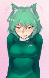 Rule 34 | 1girl, animal ear fluff, animal ears, arms behind back, blush, breasts, cat ears, commentary request, dress, green dress, green eyes, green hair, hair between eyes, kemonomimi mode, large breasts, long sleeves, no headwear, nose blush, open mouth, pink background, shinburu, short hair, smile, soga no tojiko, solo, tears, touhou, upper body, v-shaped eyebrows