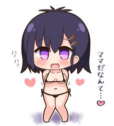 Rule 34 | 1girl, :d, bare legs, bare shoulders, barefoot, bikini, black bikini, blush, breasts, chibi, collarbone, commentary request, gabriel dropout, hair between eyes, hair ornament, hairclip, hana kazari, heart, knees together feet apart, long hair, looking at viewer, medium breasts, micro bikini, navel, open mouth, purple eyes, side-tie bikini bottom, smile, solo, standing, swimsuit, translation request, vignette tsukinose april, white background, x hair ornament