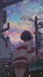 Rule 34 | 1girl, absurdres, air conditioner, artist name, black hair, brown shorts, building, chinese commentary, city, cityscape, clothes, clothes hanger, cloud, cloudy sky, commentary request, cowboy shot, dated, dusk, flower, from behind, highres, long sleeves, original, power lines, railing, red flower, red sweater, scenery, short hair, shorts, sky, standing, striped clothes, striped sweater, sweater, utility pole, xilmo, yellow sweater