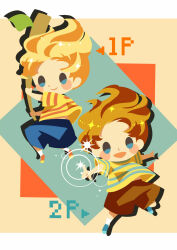 Rule 34 | alternate color, blonde hair, blue footwear, blue shorts, blush stickers, brown hair, brown shorts, casting spell, claus (mother 3), claus (mother 3) (cosplay), closed mouth, cosplay, full body, hitofutarai, holding, holding stick, lucas (mother 3), mother (game), mother 3, nintendo, open mouth, orange footwear, player 2, shirt, short hair, shorts, smile, socks, stick, striped clothes, striped shirt, super smash bros., white socks