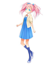 Rule 34 | 1girl, blouse, blue eyes, blue socks, closed mouth, dot nose, dress, eyebrows, female focus, flat chest, footwear bow, full body, hair ribbon, kneehighs, legs apart, long hair, looking at viewer, no pupils, original, pinafore dress, pink hair, ribbon, school uniform, shirt, shoes, short sleeves, simple background, sleeveless, sleeveless dress, smile, socks, solo, standing, standing on one leg, toshiya, twintails, two side up, white background, white shirt