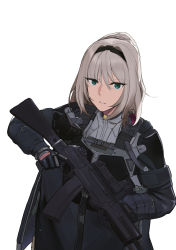 Rule 34 | 1girl, absurdres, an-94, an-94 (girls&#039; frontline), an-94 (mod3) (girls&#039; frontline), assault rifle, black gloves, blonde hair, braid, girls&#039; frontline, gloves, green eyes, gun, hairband, highres, holding, holding gun, holding weapon, la13, long hair, looking at viewer, mod3 (girls&#039; frontline), open mouth, parted lips, ponytail, rifle, solo, standing, tactical clothes, teeth, weapon, white background