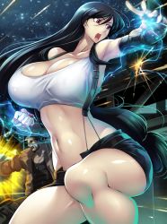 Rule 34 | 1boy, 1girl, absurdres, barret wallace, black hair, black shirt, black skirt, breasts, cleavage, dark skin, dog tags, electricity, final fantasy, final fantasy vii, fingerless gloves, firing, gloves, haganef, highres, jacket, large breasts, long hair, looking to the side, midriff, night, night sky, overalls, red eyes, shirt, skirt, sky, sunglasses, suspender skirt, suspenders, tank top, tifa lockhart, white tank top