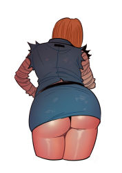 Rule 34 | 1184269336, 1girl, android 18, ass, back, belt, cropped legs, dragon ball, highres, orange hair, pencil skirt, shirt, simple background, skirt, solo, striped clothes, striped shirt, thighs, torn clothes, white background