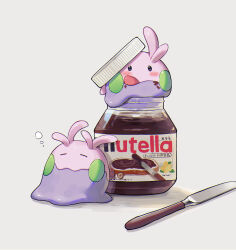 Rule 34 | :q, butter knife, closed eyes, closed mouth, commentary, creatures (company), food, food on face, full body, game freak, gen 6 pokemon, goomy, grey background, highres, kaminokefusa, lid, nintendo, no humans, nutella, pokemon, pokemon (creature), simple background, tongue, tongue out