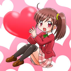 Rule 34 | 1girl, :d, ahoge, black thighhighs, blazer, blush stickers, brown footwear, brown hair, chibi, commentary request, graphite (medium), green ribbon, hair between eyes, hair ornament, hair scrunchie, heart, heart background, highres, hoshikawa tsukimi, jacket, loafers, long sleeves, looking at viewer, millipen (medium), open mouth, original, over-kneehighs, pink background, plaid, plaid skirt, red eyes, red jacket, ribbon, scrunchie, shoes, short hair, side ponytail, sidelocks, sitting, skirt, smile, solo, thighhighs, traditional media, uniform, waistcoat, yellow scrunchie