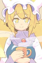 Rule 34 | 1girl, animal ears, animal hat, blonde hair, blush, breasts, closed mouth, coffee mug, cup, dress, fox ears, fox tail, hat, highres, holding, kitsune, kyuubi, looking at viewer, medium breasts, mob cap, mug, multiple tails, pmx, short hair, simple background, smile, solo, tabard, tail, thick eyebrows, touhou, upper body, white dress, white hat, yakumo ran, yellow background, yellow eyes