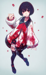 Rule 34 | 1girl, absurdres, arm at side, arm up, belt, belt collar, black footwear, black hair, black sailor collar, black thighhighs, blood, blood dop, blood drop, blood on clothes, bow, brown eyes, choker, collar, cross, doku-chan (dokkudokudoku), dress, full body, gradient background, grey background, highres, long sleeves, looking at viewer, original, red belt, red bow, red choker, red neckwear, sailor collar, sailor dress, short hair, simple background, smile, solo, thighhighs, white dress, yandere