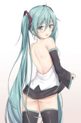 Rule 34 | 00s, 1girl, ahoge, akira (been0328), aqua eyes, ass, backless outfit, bad id, bad pixiv id, bare shoulders, black skirt, black thighhighs, blush, brown background, clothes lift, detached sleeves, gradient background, hair between eyes, hair ornament, hatsune miku, highres, lifted by self, long hair, long sleeves, looking at viewer, looking back, matching hair/eyes, no panties, parted lips, pleated skirt, shirt, shoulder blades, skirt, skirt lift, sleeveless, sleeveless shirt, solo, standing, sweat, thighhighs, very long hair, vocaloid, white background, white shirt, wide sleeves