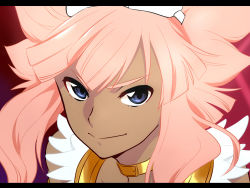 Rule 34 | 1boy, blue eyes, choker, cosplay, dark-skinned male, dark skin, goggles, goggles on head, highres, inazuma eleven, inazuma eleven (series), letterboxed, long hair, male focus, panty &amp; stocking with garterbelt, panty (psg), panty (psg) (cosplay), parody, pink hair, shiroabe, smile, solo, style parody, tsunami jousuke