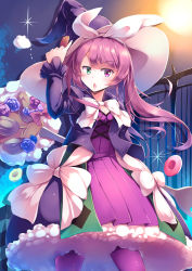 Rule 34 | 1girl, absurdres, blunt bangs, bow, bowtie, chestnut mouth, commentary request, dress, duel monster, full moon, green eyes, hand on headwear, hat, heterochromia, highres, juliet sleeves, kanzakietc, long hair, long sleeves, looking at viewer, madolche magileine, moon, night, open mouth, outdoors, petticoat, puffy sleeves, purple eyes, purple hair, purple legwear, solo, v-shaped eyebrows, white bow, white bowtie, witch hat, yu-gi-oh!