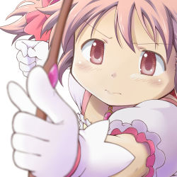 Rule 34 | 1girl, blurry, blush, bow (weapon), commentary request, depth of field, foreshortening, gloves, holding, holding bow (weapon), holding weapon, kaname madoka, magical girl, mahou shoujo madoka magica, mahou shoujo madoka magica (anime), official style, pink eyes, pink hair, pointing, puffy sleeves, serious, short sleeves, simple background, solo, soul gem, takahan, upper body, weapon, white background, white gloves