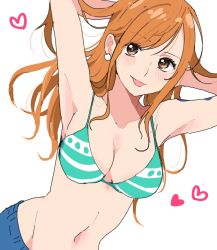 Rule 34 | 1girl, armpits, arms behind head, arms up, bikini, bikini top only, blue pants, blush, breasts, chiya op, cleavage, earrings, heart, highres, jewelry, large breasts, long hair, midriff, nami (one piece), one piece, orange eyes, orange hair, pants, pearl earrings, shoulder tattoo, solo, swimsuit, tattoo, tongue, tongue out, upper body