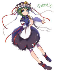 Rule 34 | 1girl, asymmetrical hair, black footwear, black skirt, commentary, frilled hat, frills, full body, green eyes, green hair, hat, hat ribbon, highres, long sleeves, looking at viewer, one-hour drawing challenge, renshirenji, ribbon, ribbon-trimmed skirt, ribbon trim, rod of remorse, shiki eiki, short hair, simple background, skirt, solo, touhou, twitter username, white background, wide sleeves