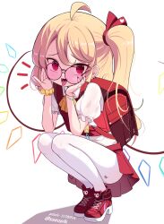 Rule 34 | 1girl, adapted costume, ahoge, arm scrunchie, ascot, bespectacled, blonde hair, crime prevention buzzer, flandre scarlet, full body, glasses, hair between eyes, heart, highres, long hair, looking at viewer, mesugaki, multicolored wings, nail polish, no headwear, pantyhose, pixiv id, pleated skirt, puffy short sleeves, puffy sleeves, red-tinted eyewear, red eyes, red footwear, red nails, red skirt, red vest, round eyewear, scrunchie, shirt, shoes, short sleeves, side ponytail, simple background, skirt, sneakers, solo, sseopik, sunglasses, teeth, tinted eyewear, tongue, tongue out, touhou, twitter username, vest, white background, white pantyhose, white shirt, wings, yellow ascot