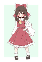 Rule 34 | 1girl, arinu, bare shoulders, black footwear, black hair, blush, bow, brown eyes, detached sleeves, frilled skirt, frills, full body, hair between eyes, hair bow, hair tubes, hakurei reimu, hand on own hip, highres, japanese clothes, long hair, nontraditional miko, open mouth, red bow, red skirt, ribbon-trimmed sleeves, ribbon trim, shoes, sidelocks, skirt, socks, solo, touhou, white sleeves, white socks, wide sleeves