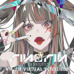 Rule 34 | 1girl, blunt bangs, close-up, derivative work, english text, fangs, highres, multicolored eyes, multicolored hair, nail polish, open mouth, reirei studio, simple background, solo, suzuhana rin, teeth, tongue, tongue out, two side up, upper teeth only, virtual youtuber, white background, yuuta (yuuta0312)